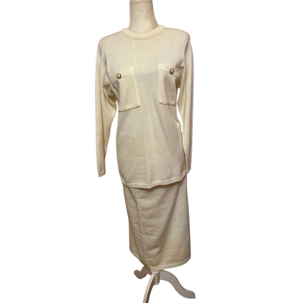 Vintage SCHRADER KNIT Skirt /Blouse Set Size 8 Womens Ivory Color